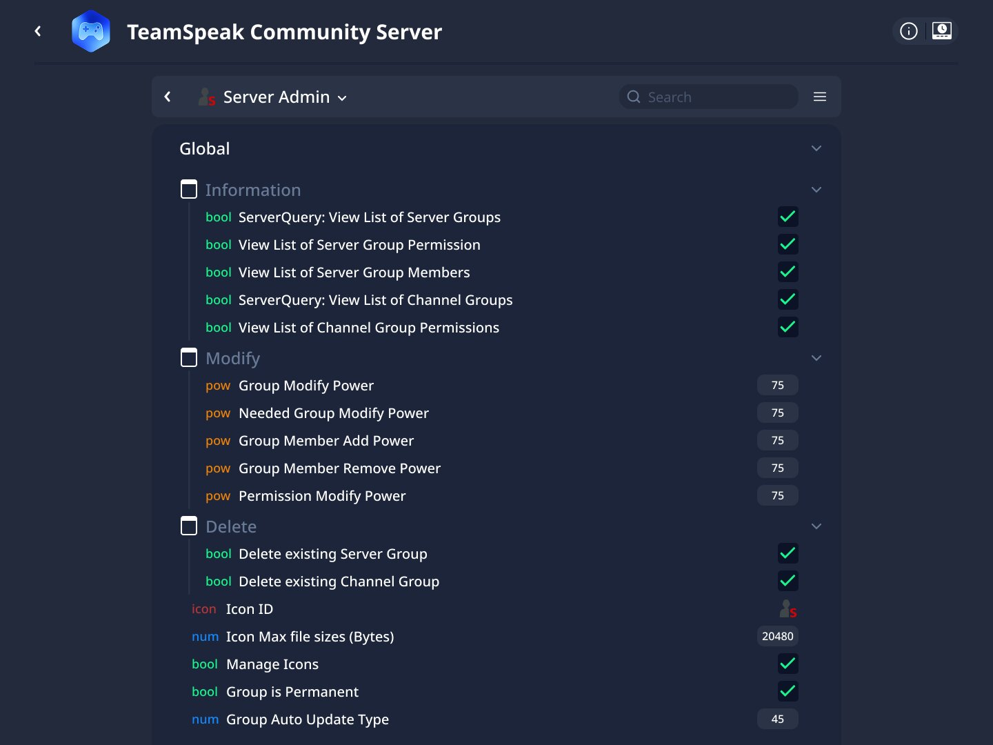 Permissões do servidor TeamSpeak 6