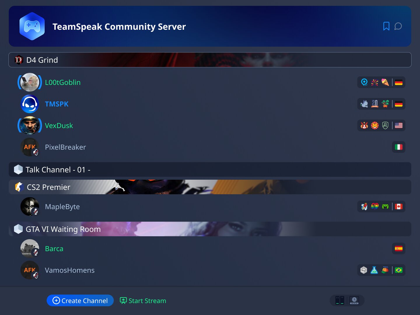 Canais de voz no TeamSpeak 6